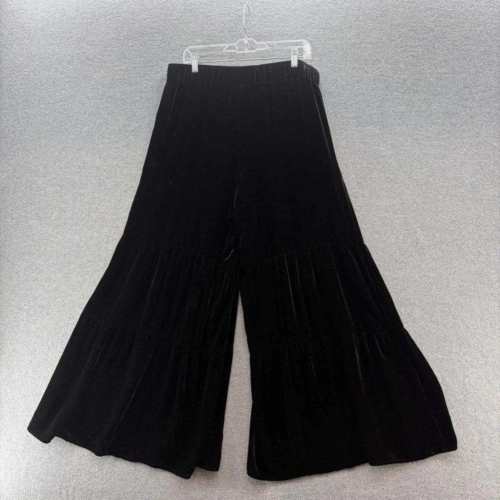 Johnny Was JW Los Angeles Pants Womens XL Black Velvet Wide Leg Ruffle Hem Party